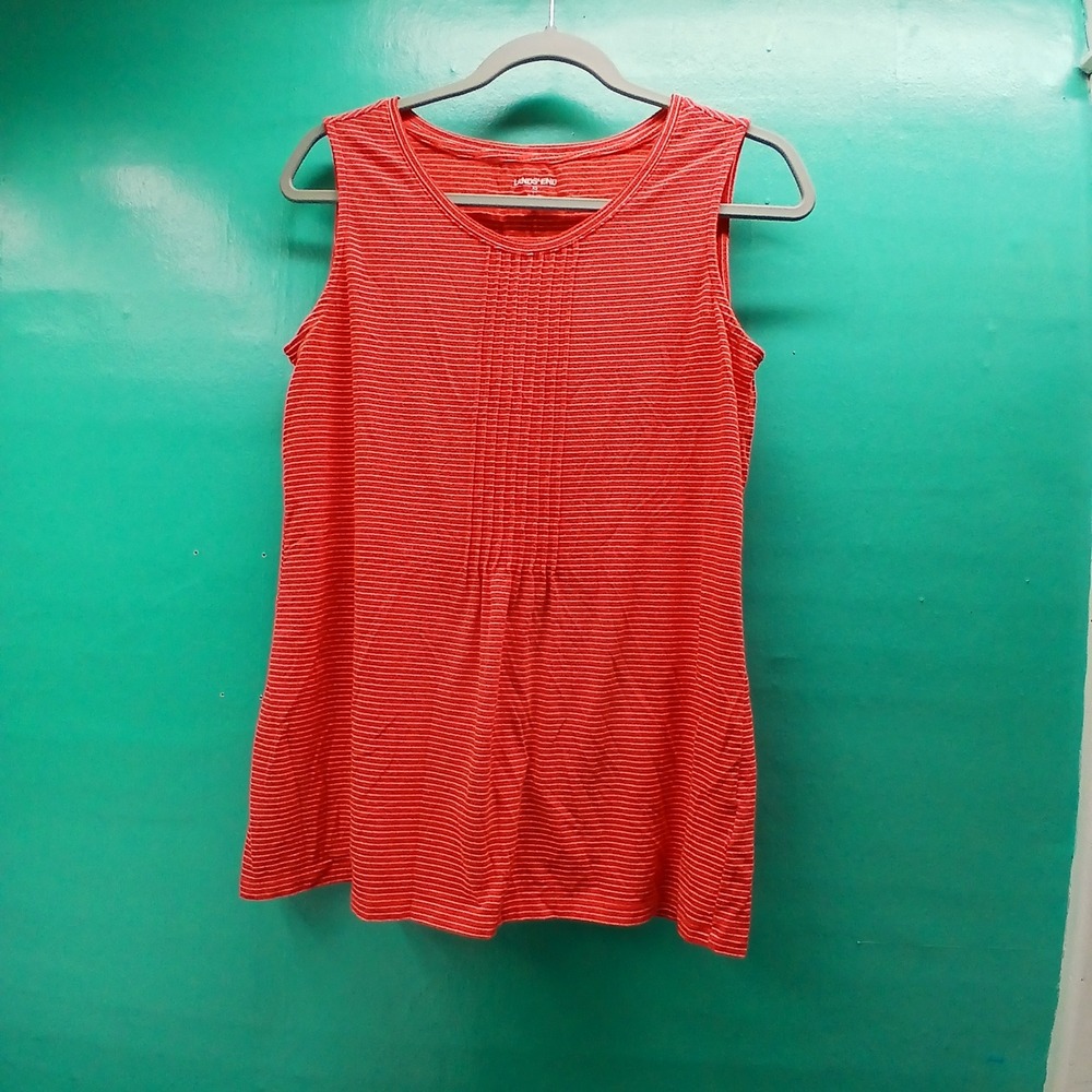 Lands' End Tank Top XS Red Striped Pleated Neck Sleeveless Preppy Casual